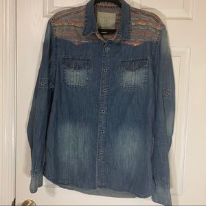 Smoke Rise Aged Wash Denim Shirt L Boho Aztec